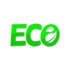 Eco word logo with green leaf, ecology concept vector icon