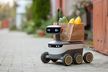 Autonomous delivery robot with grocery bag Future of food deliveries tech on transparent background