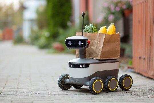 Autonomous delivery robot with grocery bag Future of food deliveries tech on transparent background