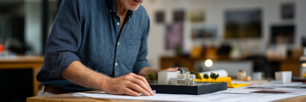 A dedicated architect meticulously assembles a detailed building model in a well-lit design studio, showcasing creativity and craftsmanship in architecture.