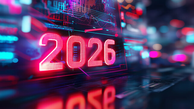 Futuristic digital concept showing glowing 2026 numbers in neon cyber environment.
