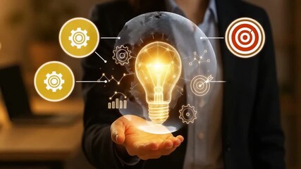 Business person showcasing light bulb symbolizing creativity and innovation with strategic icons, representing ideas and solutions - Powered by Adobe