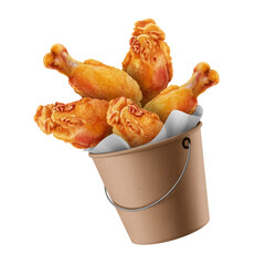 Fried chicken flying on paper bucket isolated on white background.png
