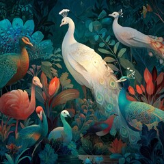 A surreal, vividly colored jungle scene filled with exotic birds. 