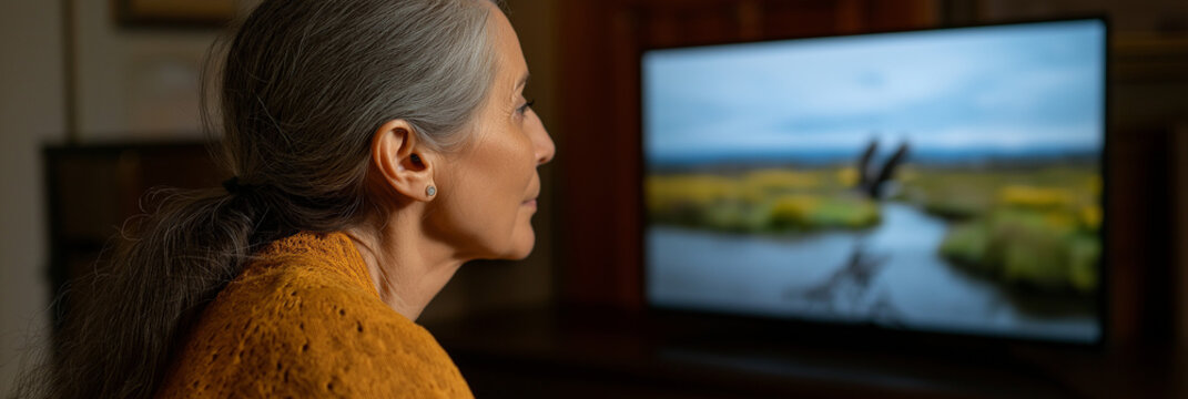 An elderly woman sits comfortably, watching a nature program on TV, surrounded by her pets, reflecting the cozy moments of leisure and connection with the world.