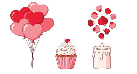 Valentines Day Celebration Elements with Balloons Cupcake and Candle, Generative AI.