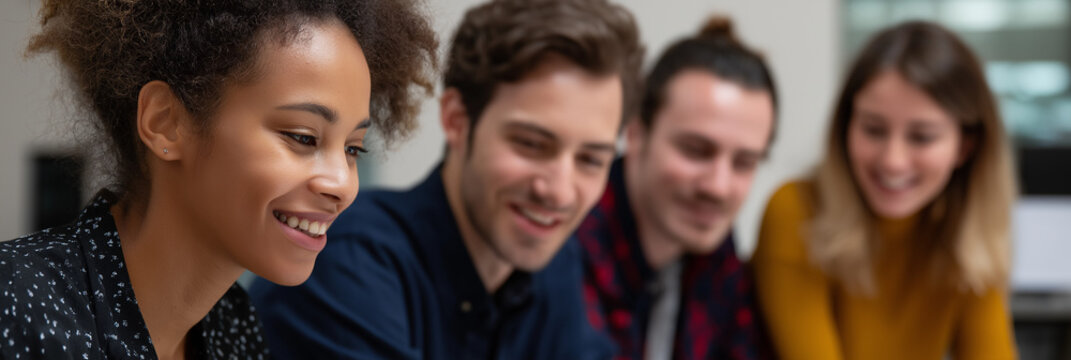 A group of friends collaborates enthusiastically on a project, exchanging ideas and laughter in a dynamic environment, highlighting teamwork and creative synergy.