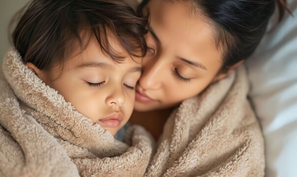 Tender Moment Between Mother and Child Asleep Under Cozy Blanket in Soft Lighting
