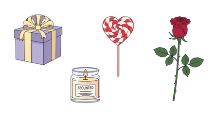 Valentines Day Gift Rose Lollipop and Candle Icons, Generative AI.