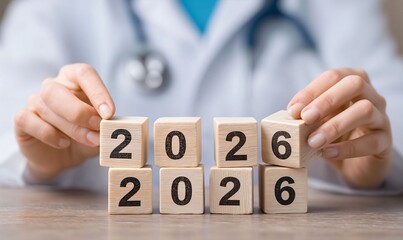 Close-up of Hands Arranging Wooden Blocks to Display Year 2026 in Professional Setting