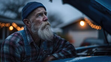 Bearded man in a blue knit cap leans on an open car hood, gazing upward with warm lights blurred behind him. Concept Moody Car Portrait, Bearded Man, Blue Knit Cap, Warm Bokeh Lights