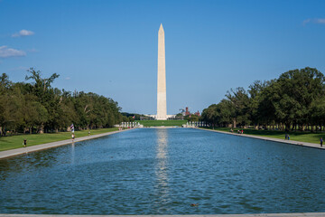 washington monument in washington dc on the reflecting pool at the National Mall.