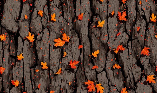 Autumn Leaves Pattern on Dark Cracked Background with Vibrant Textures and Colors