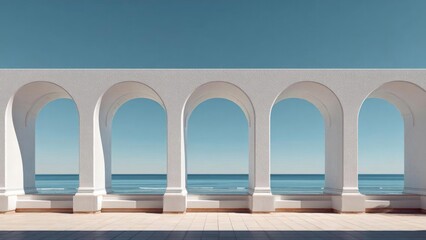 Fototapeta premium A row of white arches on a seaside terrace, framing a blue ocean and clear sky. Concept White Archways, Seaside Terrace, Ocean View, Clear Blue Sky, Architectural Framing