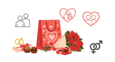 Valentines Day gift set with flowers and chocolates for couples, Generative AI.