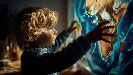 A young child with curly hair touches a large illuminated world map. Concept Curly-haired child portrait, Illuminated world map, Global exploration moment, Educational photography