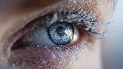 Extreme close-up of a blue eye with frost on the eyelashes and icy skin around the eyelid. Concept Blue Eye Macro, Frosted Eyelashes, Icy Skin Texture, Extreme Close-Up, Ice Portrait