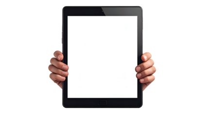 Hands holding a tablet with a blank, white screen against a black background