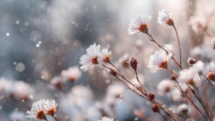 Close-up of frost-coated wildflowers with delicate ice crystals on the petals in a pale winter backdrop. Concept Frost-coated wildflowers, Ice crystals on petals, Close-up floral macro