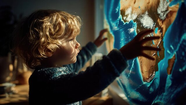 A young child with curly hair touches a large illuminated world map. Concept Curly-haired child portrait, Illuminated world map, Global exploration moment, Educational photography