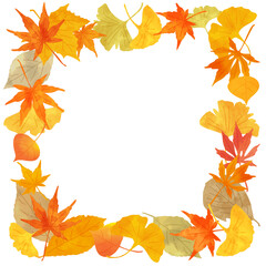 色とりどりに紅葉した落ち葉の正方形フレーム　ぬくもりのある手描き水彩風ベクターイラスト