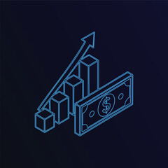 Neon Blue Financial Growth Chart with Dollar Bill Vector Illustration - Business Investment Concept Stock Market Trend Economic Progress Wealth Increase