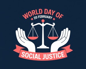 World day of social justice graphic with hands and scales on a dark blue background design element