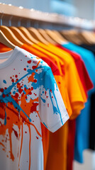 Colorful t-shirts hanging on rack, fashion and retail concept.  
