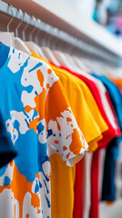 Colorful t-shirts hanging on rack, fashion and retail concept.  
