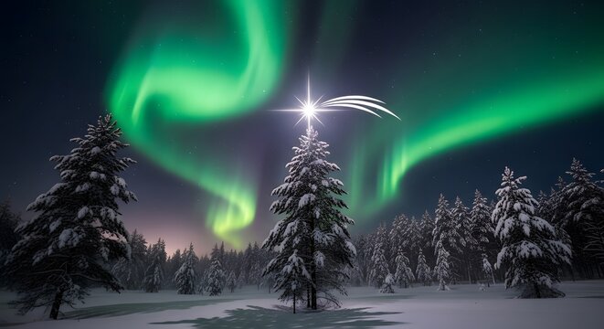 Magical winter night sky with bright star and green aurora borealis over snow covered pine trees