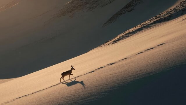 A lone deer with antlers walking on a snow-covered slope at sunset, leaving tracks behind. Concept Lone deer with antlers on a snow-covered slope at sunset
