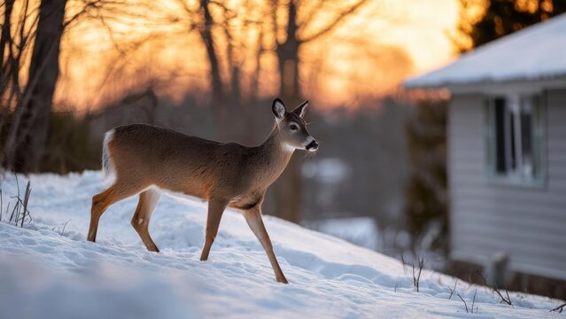 A deer walking on a snowy yard near a house at sunset. Concept Deer in the snow, Snowy yard, Sunset glow, House at dusk, Wildlife photography