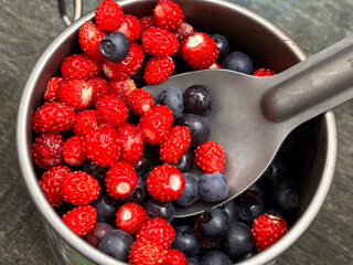 A metal bowl filled with fresh red strawberries and wild blueberries. Inside the bowl lies a gray spoon, ready to serve the berries.
