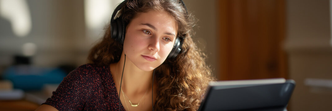 A dedicated student immersed in an online learning experience, showcasing concentration and intellectual engagement as she interacts with her tablet in a warm study environment.