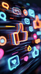 Neon social media icons in motion, digital marketing and online communication concept.  
