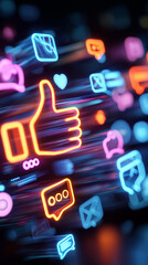Neon social media icons in motion, digital marketing and online communication concept.  
