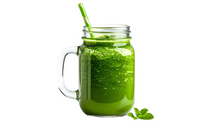 A refreshing green smoothie in a mason jar with a straw, garnished with mint