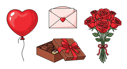 Valentines Day Icons Featuring Heart Balloon Roses Chocolates and Envelope, Generative AI.