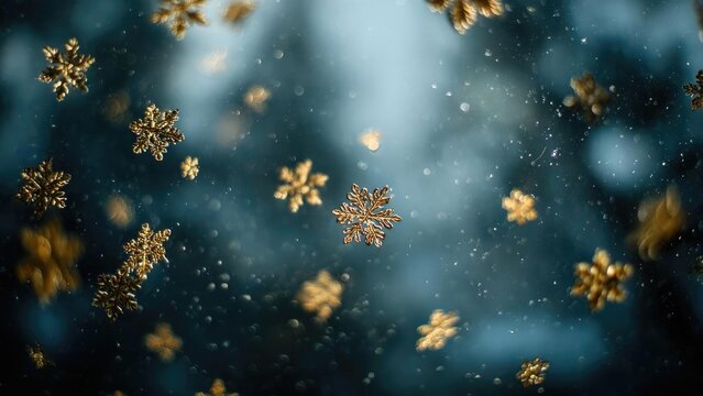 Golden snowflakes floating in a deep blue, bokeh-filled background. Concept Golden snowflakes, Deep blue background, Bokeh lights, Winter photography, Shimmering winter scene