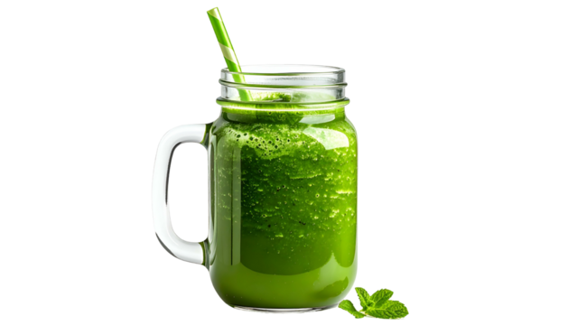 A refreshing green smoothie in a mason jar with a straw, garnished with mint