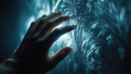 A hand touches a frosted window with intricate ice crystals, illuminated by cool blue light. Concept Frosted window close-up, Ice crystal patterns, Cool blue lighting, Hand touching window