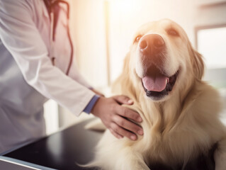 Veterinarian examines golden retriever at veterinary clinic. Dog smiles during checkup.