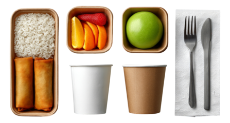 Isolated Food Containers with Rice, Fruits, Green Apple, Fork, and Spoon on Background
