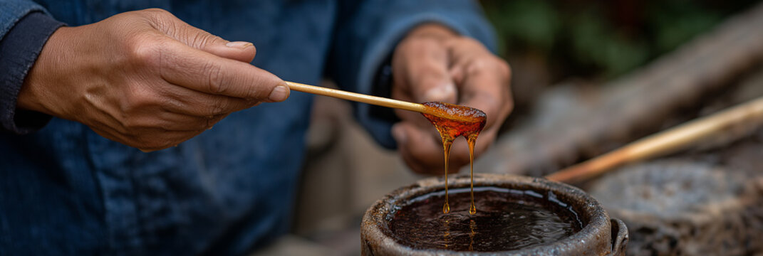 A skilled artisan holds a wooden stick, stirring golden honey in a traditional pot, highlighting the artisanal process and craftsmanship involved in honey production.