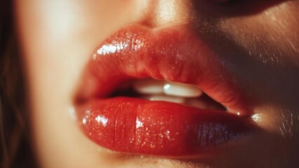 Close-up of glossy red lips, slightly parted to reveal a glimpse of white teeth. Concept Close-up Beauty Shot, Glossy Red Lips, Lip Texture, Teeth Peek, Makeup Portrait