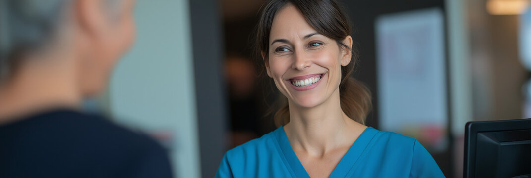 A compassionate healthcare worker greets a patient with a warm smile, embodying the core values of care, empathy, and support in a healthcare setting.