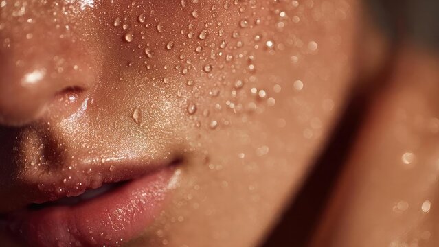 Close-up of a damp face with beads of water on the skin around the nose and lips. Concept Close-up portrait, Water droplets on skin, Facial texture, Wet skin detail, Beads around nose and lips - Powered by Adobe
