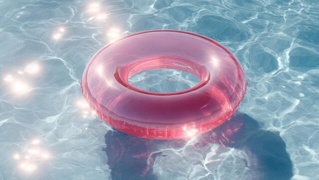 Pink inflatable ring float drifting on sunlit turquoise water Concept Pink inflatable ring, Turquoise water, Sunlit scene, Floating drift, Summer vibes