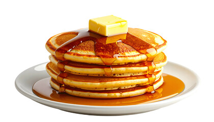 Stack of golden pancakes, butter square, syrup dripping, on white plate, black background