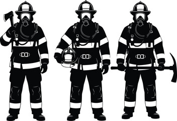 Firefighters team silhouette, emergency rescue workers, fire safety professionals with axes and helmets, firefighting uniform illustration, vector design, protection equipment, hero concept.